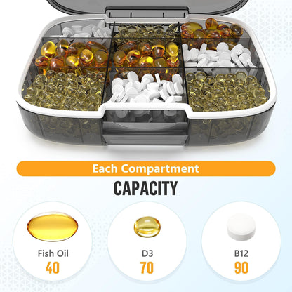 Extra Large Pill Organizer Medicine Case Black Pill Box Adjustable Compartment